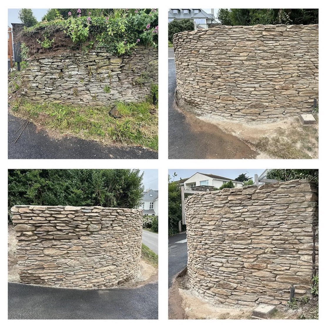 Rebuilt curved dry stone retaining wall alongside a village lane